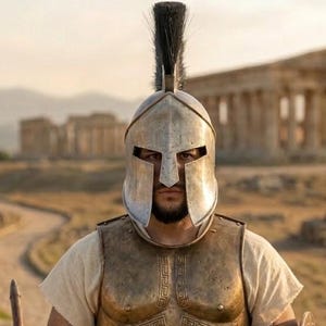 May include: A metallic Spartan-style helmet with a black crest, a bronze-colored muscle cuirass featuring engraved patterns, leather pteruges with lion motifs, a round bronze shield, and a spear, worn over a simple off-white short-sleeved tunic.