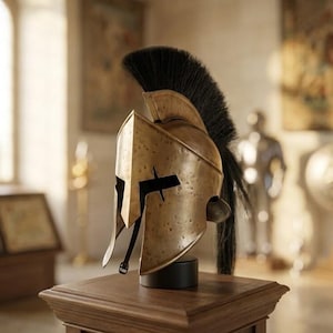 May include: A metallic bronze-coloured Corinthian-style helmet featuring a prominent black horsehair crest that extends from the top to the back. The helmet has a distinct T-shaped face opening and a weathered, textured surface finish.