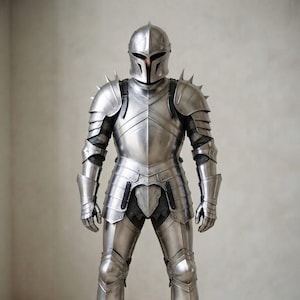 May include: A full suit of polished silver-colored metal armor featuring a closed helmet with a narrow visor, articulated shoulder pauldrons with spikes, a breastplate, gauntlets, greaves, and sabatons, worn over a dark chainmail undergarment.