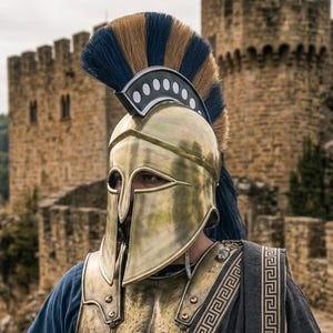 May include: A metallic gold Spartan-style helmet with a tall blue and tan crest, paired with a matching gold breastplate featuring an anatomical design. The armor is worn over a dark blue tunic with a Greek key pattern trim and a dark gray draped cloak.