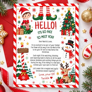 May include: A rectangular Christmas letter with a red and white striped border featuring an elf, a snowman, and a reindeer. The text reads: HELLO! IT'S SO NICE TO MEET YOU! Dear Noah & Lucas, I'm so excited to be part of your family!