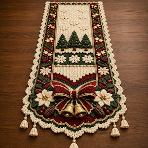 Pode incluir: Um caminho de mesa retangular de crochê com centro creme, três pinheiros verdes e flocos de neve brancos. A borda é decorada com detalhes vermelhos e verdes, flores de poinsétia brancas, pinhas, um grande laço vermelho e dois sinos dourados.