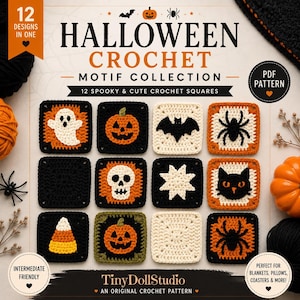 Halloween Crochet Pattern Bundle, 12 Granny Square Motifs, Ghost Pumpkin Bat Spider Cat Skull, Digital Pattern