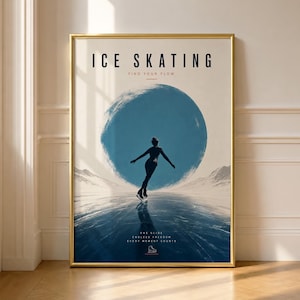 Op de afbeelding: Een ingelijste kunstdruk met de titel ICE SKATING FIND YOUR FLOW. De afbeelding toont het silhouet van een persoon die schaatst op een bevroren oppervlak voor een grote blauwe cirkel. Tekst: ONE GLIDE, ENDLESS FREEDOM, EVERY MOMENT COUNTS.