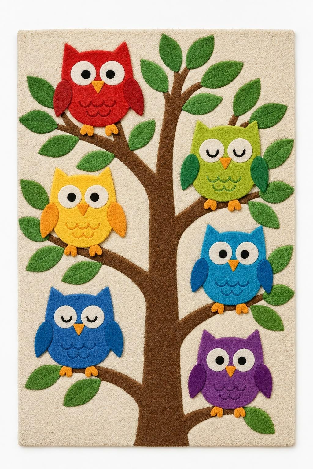 Handmade Tufted Wool Owl Rug, Colorful Woodland Nursery Decor