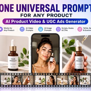 以下が含まれることがあります： ONE UNIVERSAL PROMPT FOR ANY PRODUCTというタイトルのデジタルマーケティング画像。AI製品動画およびUGC広告ジェネレーターを紹介しています。琥珀色のガラス製スポイトボトル、スマートフォンの画面、フィルムストリップがレイアウトされています。