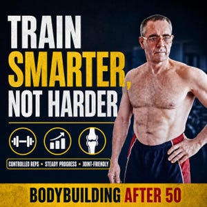 Puede incluir: Un gráfico de fitness con el texto TRAIN SMARTER, NOT HARDER y BODYBUILDING AFTER 50. Incluye iconos de una mancuerna, un gráfico de barras ascendente y una articulación de rodilla, con las etiquetas CONTROLLED REPS, STEADY PROGRESS y JOINT-FRIENDLY.
