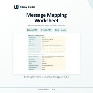 Op de afbeelding: Een Tidcore Digital Message Mapping werkblad-sjabloon met een gestructureerde lay-out inclusief secties voor overzicht, doelgroep, positionering, grenzen en goedkeuring. Bevat bewerkbare HTML, printbare PDF's en een leeg voorbeeld.