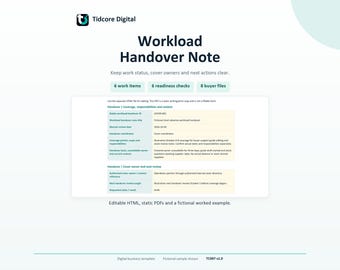 Può includere: Un modello aziendale digitale intitolato Workload Handover Note di Tidcore Digital. Include sezioni per 6 elementi di lavoro, 6 controlli di preparazione e 8 file acquirente. Il documento contiene una tabella con campi per la copertura del passaggio di consegne, responsabilità e contesto, oltre a una sezione per il responsabile della copertura e la prossima revisione.