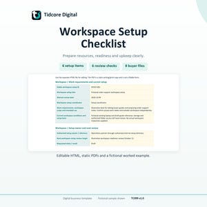 May include: A digital workspace setup checklist template by Tidcore Digital. The document features a title, three summary boxes, and a table detailing workspace requirements, setup owner, and review information with a fictional worked example.