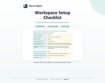 Può includere: Un modello di lista di controllo per la configurazione dello spazio di lavoro di Tidcore Digital. Il documento presenta un titolo, tre riquadri di riepilogo e una tabella che dettaglia i requisiti, il responsabile e le revisioni.