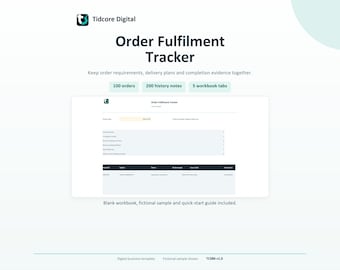 Può includere: Un modello aziendale digitale Order Fulfilment Tracker di Tidcore Digital. L'interfaccia mostra una dashboard per gestire 100 ordini, 200 note di cronologia e 5 schede di cartella di lavoro. Include una tabella per tracciare i dettagli degli ordini.