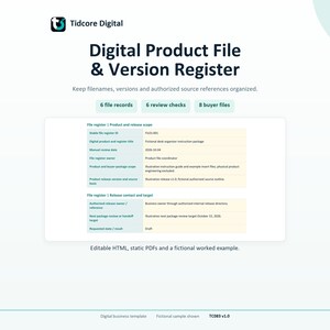 May include: A digital product file and version register template by Tidcore Digital. The document includes sections for file records, review checks, and buyer files, with a table detailing product release scope, contact, and target information.