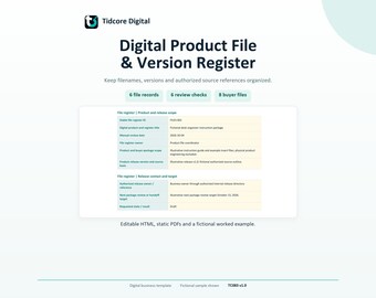 Può includere: Un modello di registro di file e versioni di prodotti digitali di Tidcore Digital. Il documento include sezioni per record di file, controlli di revisione e file dell'acquirente, con una tabella che dettaglia l'ambito e il target.