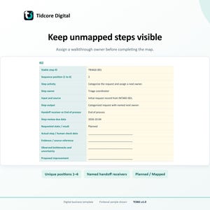 Process Mapping Worksheet. Actual fictional Sample TRIAGE-001: Planned sequence2 activity, input from INTAKE-001, output and End of process receiver; actual review fields remain blank.