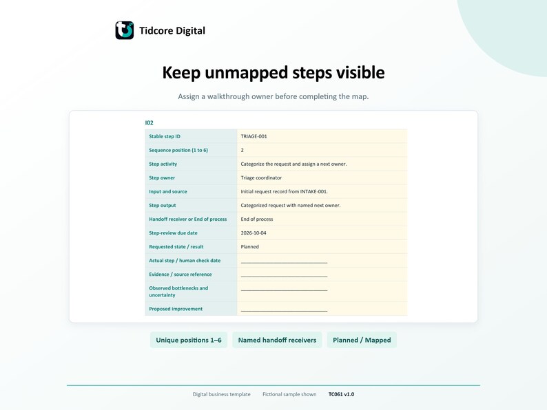 Process Mapping Worksheet. Actual fictional Sample TRIAGE-001: Planned sequence2 activity, input from INTAKE-001, output and End of process receiver; actual review fields remain blank.