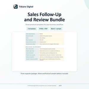 Könnte beinhalten: Ein digitales Produktpaket mit dem Titel Sales Follow-Up and Review Bundle von Tidcore Digital. Es enthält drei Vorlagen in HTML- und PDF-Formaten, sowohl in leeren als auch in Beispielversionen. Ein fiktiver PDF-Auszug ist unten abgebildet.