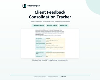 Può includere: Un modello digitale di tracker per il consolidamento dei feedback dei clienti di Tidcore Digital. Il documento presenta sezioni per record di feedback, controlli di revisione e file acquirenti, con una tabella di dati di esempio.