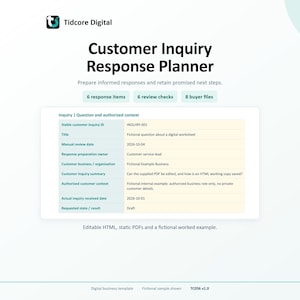 May include: A Tidcore Digital Customer Inquiry Response Planner template featuring a table with fields for inquiry ID, title, review date, owner, business, summary, context, date, and state. Includes 6 response items, 6 review checks, and 8 buyer files.