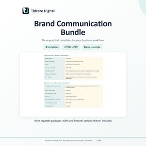 以下が含まれることがあります： Tidcore Digitalのブランドコミュニケーションバンドル。HTMLおよびPDF形式の3つの実用的なビジネス用テンプレートが含まれています。空のテンプレートとサンプル版があり、架空のPDF抜粋には、対象読者と承認に関するガイド概要表が記載されています。
