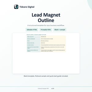 Può includere: Un documento digitale intitolato Lead Magnet Outline di Tidcore Digital. Presenta un modello strutturato per i flussi di lavoro aziendali, inclusi HTML modificabile e PDF stampabili. Il layout mostra una tabella di risorse con campi per ID, titolo, proprietario, data, cliente e risultati.