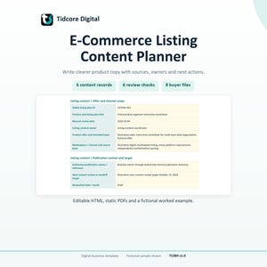 Op de afbeelding: Een Tidcore Digital E-Commerce Listing Content Planner sjabloon met secties voor inhoudsrecords, beoordelingscontroles en kopersbestanden. Het document bevat tabellen voor listing-inhoud, aanbodbereik en publicatiedoelen met bewerkbare velden.