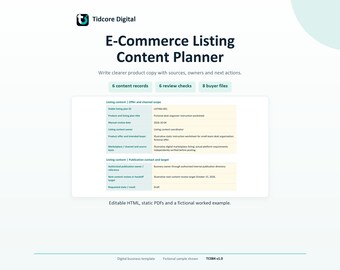 Può includere: Un modello di pianificatore di contenuti per inserzioni e-commerce Tidcore Digital con sezioni per record, controlli di revisione e file acquirenti. Il documento include tabelle per contenuti, ambito dell'offerta e obiettivi di pubblicazione.