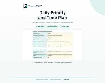 Può includere: Un modello aziendale digitale intitolato Daily Priority and Time Plan di Tidcore Digital. Include sezioni per piani di attività, controlli e file acquirenti, con una tabella che elenca risultati giornalieri, impegni e partner prioritari.