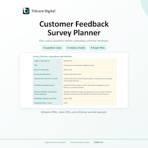 Puede incluir: Una plantilla digital de planificador de encuestas de opinión del cliente de Tidcore Digital. El diseño incluye una tabla titulada Survey | Decision, respondents and collection con filas para ID de encuesta, título, fecha, propietario y estado.