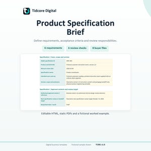 Puede incluir: Un documento de especificaciones de producto de Tidcore Digital con logotipo, título y una tabla que detalla requisitos, revisiones y archivos del comprador. El texto incluye información sobre el ID de especificación, versión y contactos.
