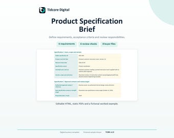 Può includere: Un documento di specifiche di prodotto Tidcore Digital con logo, titolo e una tabella che elenca requisiti, controlli di revisione e file dell'acquirente. Il testo include dettagli sull'ID di specifica, la versione e i contatti di approvazione.