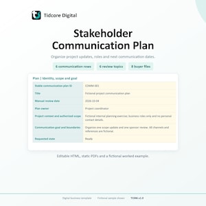 Puede incluir: Una plantilla de negocios digital titulada Stakeholder Communication Plan de Tidcore Digital. Incluye una tabla con campos para ID del plan, título, fecha de revisión, propietario, alcance, objetivos y estado, además de etiquetas para 6 filas de comunicación.