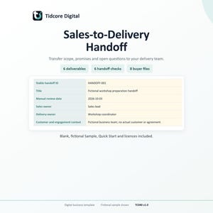 以下が含まれることがあります： Tidcore DigitalによるSales-to-Delivery Handoffというタイトルのデジタルビジネス用テンプレート。6つの成果物、6つの引き継ぎチェック、8つの購入者ファイル、およびHandoff ID HANDOFF-001や日付2026-10-03などの詳細を含む表で構成されています。