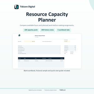 May include: A digital Resource Capacity Planner template by Tidcore Digital featuring a dashboard interface with 100 capacity pools, 200 history notes, and 5 workbook tabs. The layout includes a table for assignments, available hours, and planned work.