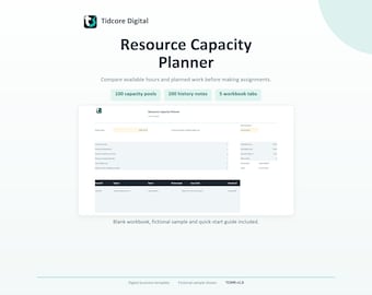 Può includere: Un modello digitale di pianificatore della capacità delle risorse di Tidcore Digital con interfaccia dashboard, 100 pool di capacità, 200 note di cronologia e 5 schede di cartella di lavoro. Il layout include una tabella per compiti e ore.