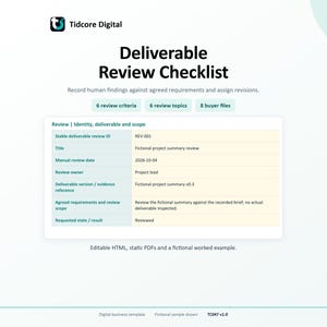 Può includere: Un modello di lista di controllo per la revisione dei deliverable Tidcore Digital con una tabella per ID, titolo, data, proprietario, versione, ambito e risultato. Include etichette per 6 criteri, 6 argomenti di revisione e 8 file acquirente.
