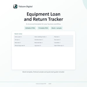 Può includere: Un modello digitale per il monitoraggio di prestiti e resi di attrezzature di Tidcore Digital. Il documento presenta una tabella intitolata Needs review con campi dati per articoli usati, in prestito e vari stati.
