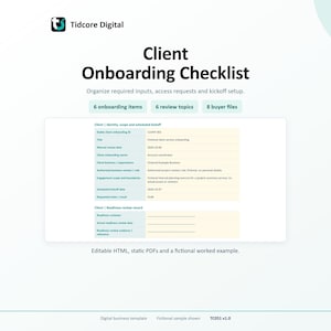 Op de afbeelding: Een digitale checklist voor klant-onboarding van Tidcore Digital. Het document bevat secties voor klantidentiteit, scope en readiness review-records, inclusief velden voor datums, rollen en bedrijfsgegevens. Het bevat 6 onboarding-items, 6 review-onderwerpen en 8 kopersbestanden, gepresenteerd als een bewerkbaar HTML- en statisch PDF-document.
