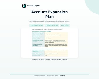 Può includere: Un modello aziendale digitale intitolato Account Expansion Plan di Tidcore Digital. Include sezioni per record di espansione, controlli di preparazione e file acquirenti, con una tabella sugli obiettivi dell'account e i contatti autorizzati.