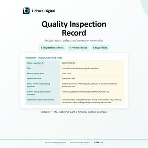 Könnte beinhalten: Eine digitale Dokumentvorlage mit dem Titel Quality Inspection Record von Tidcore Digital. Sie enthält eine Tabelle mit Feldern für Inspektions-ID, Titel, Datum, Eigentümer, Element, Kriterien und Umfang sowie Beschriftungen für Prüfkriterien und Dateien.