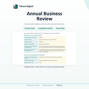 Peut inclure: Un modèle d'entreprise numérique intitulé Annual Business Review par Tidcore Digital. Il comprend des sections pour les sujets de revue, les vérifications de préparation et les fichiers acheteurs, ainsi qu'un tableau sur la portée et les objectifs.