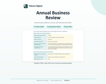 Può includere: Un modello aziendale digitale intitolato Annual Business Review di Tidcore Digital. Include sezioni per argomenti di revisione, controlli di preparazione e file acquirenti, insieme a una tabella che dettaglia l'ambito e gli obiettivi della revisione.