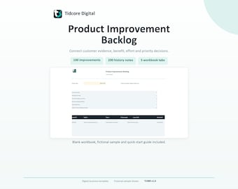 Può includere: Un modello digitale di backlog per il miglioramento del prodotto di Tidcore Digital. Il documento presenta un'intestazione, un elenco di 100 miglioramenti, 200 note di cronologia e 5 schede di lavoro. Include una tabella con colonne per ID, Oggetto, Proprietario, Priorità, Sforzo e Stato.