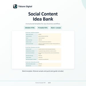 Puede incluir: Un documento digital titulado Social Content Idea Bank de Tidcore Digital. La plantilla presenta secciones para la identificación de contenido, audiencia, límites y fechas de revisión, en un formato de tabla con filas de color beige claro.