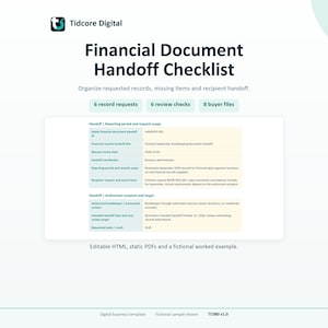 May include: A Tidcore Digital Financial Document Handoff Checklist template featuring sections for record requests, review checks, and buyer files. The document includes a table with fields for reporting periods, scope, and authorized recipients.