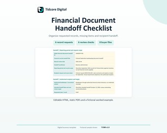 Può includere: Un modello di lista di controllo per il trasferimento di documenti finanziari Tidcore Digital con sezioni per richieste di record, revisioni e file acquirenti. Il documento include una tabella con campi per periodi e destinatari.