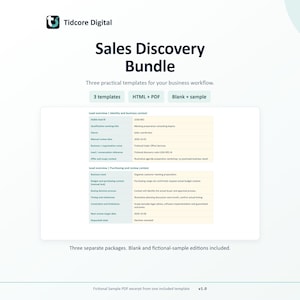 Op de afbeelding: Een digitale Sales Discovery Bundle van Tidcore Digital met drie praktische sjablonen in HTML- en PDF-indelingen. Het document bevat lege en voorbeeldversies voor bedrijfsworkflows, met een fictief PDF-fragment hieronder weergegeven.