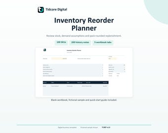 Può includere: Modello digitale Tidcore Digital Inventory Reorder Planner con interfaccia a foglio di calcolo, 100 SKU, 200 note di cronologia e 5 schede di cartella di lavoro. Il layout include campi dati per la revisione delle scorte e il riordino.