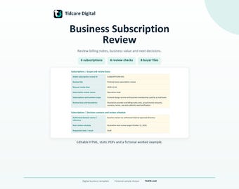 Può includere: Un modello aziendale digitale intitolato Business Subscription Review di Tidcore Digital. Il documento include sezioni per abbonamenti, controlli di revisione e file acquirenti, con tabelle che mostrano campi come ID revisione, data e contatti decisionali.