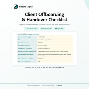 Può includere: Un modello digitale di lista di controllo per l'offboarding e il passaggio di consegne dei clienti di Tidcore Digital. Il documento presenta una tabella con campi per ID progetto, titolo, data, proprietario, azienda, destinatario e stato.